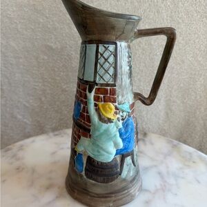 VTG E. Radford England Hand-Painted Ceramic Pitcher in Blue and Brown